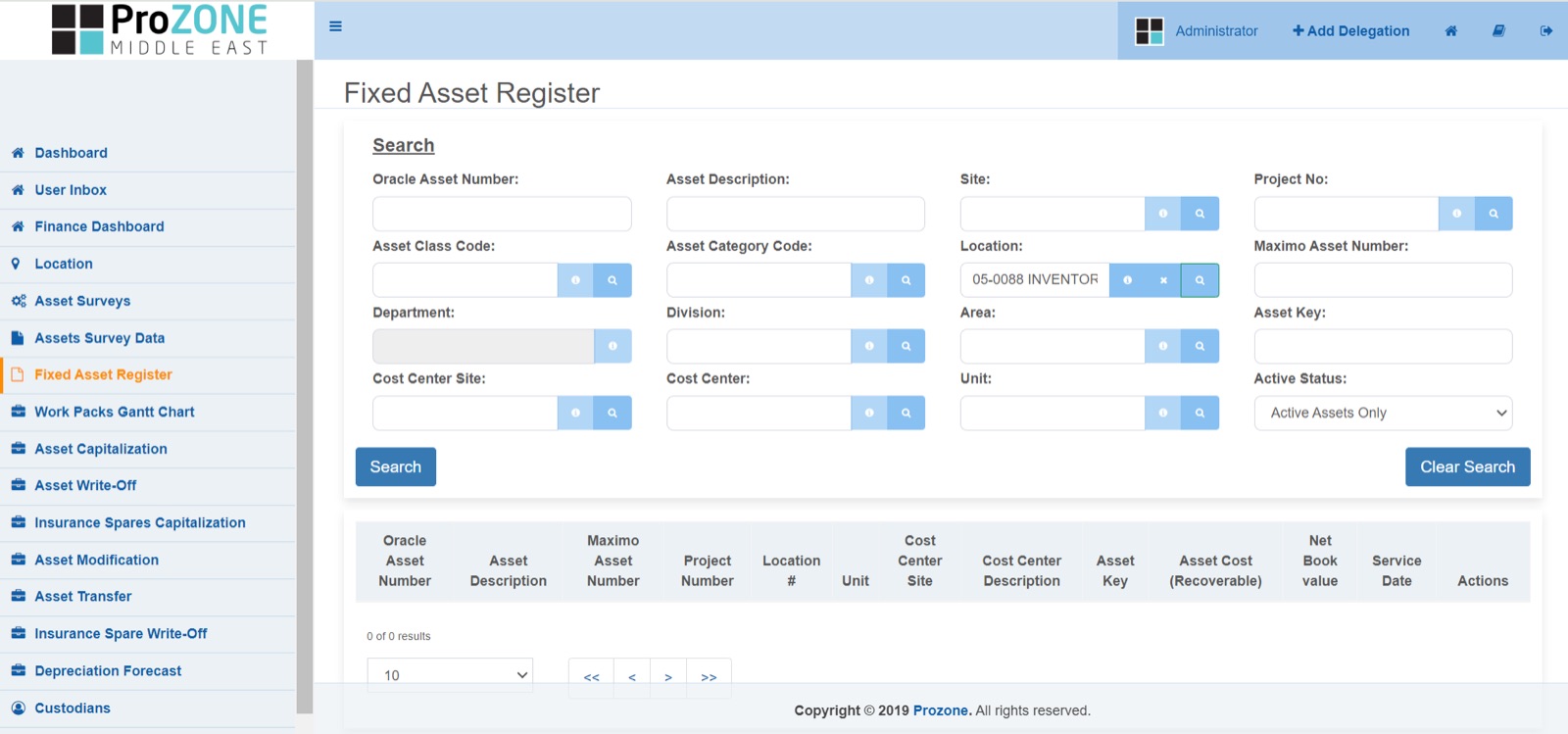 Fixed asset register screen